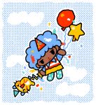  balloon birthday blue_hair blue_socks chibi closed_eyes closed_mouth cloud cloudy_sky cotton_sprout hat open_mouth original party_hat shirt skirt sky socks striped striped_shirt tiger whiskers yellow_skirt 