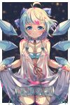  1girl absurdres ahoge bandaid bandaid_on_leg blue_bloomers blue_bow blue_eyes blue_hair blush bow breasts cirno closed_mouth collarbone cowboy_shot detached_wings dress fairy hair_bow highres ice ice_wings looking_at_viewer medium_breasts short_hair solo touhou white_dress wings woruta_(soloistlist) 