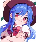  1girl ahiru_tokotoko black_headwear blue_hair buttons center_frills closed_mouth crossed_arms frills fruit_hat_ornament hat hat_ornament highres hinanawi_tenshi long_hair peach_hat_ornament pixel_art puffy_short_sleeves puffy_sleeves red_eyes shirt short_sleeves simple_background smug solo touhou upper_body white_background white_shirt 