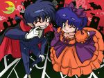  1boy 1girl black_footwear blue_hair blush braid braided_ponytail breasts cross dress ghost gloves halloween halloween_costume moon one_eye_closed orange_dress purple_gloves ranma_1/2 saotome_ranma short_hair smile tendou_akane tongue tongue_out vampire vampire_costume wanta_(futoshi) white_gloves 