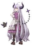  1girl ahoge alternate_costume ankle_cuffs braid braided_bangs capelet dress frilled_dress frills grey_hair highres hololive horns la+_darknesss long_hair multicolored_hair osobachan pointy_ears purple_hair socks streaked_hair striped_horns tail very_long_hair virtual_youtuber 