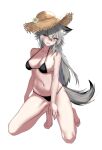  1girl absurdres animal_ears arknights bare_arms bare_legs bare_shoulders barefoot bikini black_bikini blue_eyes breasts commentary_request earrings flower grey_hair grin hat hat_flower highres jewelry kneeling lappland_(arknights) long_hair looking_at_viewer medium_breasts navel one_eye_closed simple_background smile solo stomach straw_hat swimsuit tail thighs very_long_hair white_background wolf_ears wolf_tail zzzai 