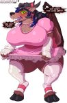 anthro big_breasts blush breasts bulge clothing demon dress embarrassed feminization frilly frilly_clothing genital_outline girly gynomorph hi_res huge_breasts hyper hyper_breasts impaledwolf intersex monster nipple_outline panties panties_bulge penis_outline solo thick_thighs underwear 
