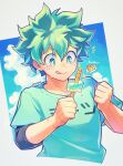  1boy artist_name blue_shirt blue_sky boku_no_hero_academia clenched_hands cloud food freckles green_eyes green_hair highres mecyo_(mamezurushiki) midoriya_izuku popsicle scar shirt simple_background sky sleeves_rolled_up solo sunlight sweat tongue tongue_out white_background 
