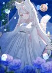  1girl amai_hiyo animal_ear_fluff animal_ears blue_flower blue_rose braid cat_ears cat_girl cat_tail closed_mouth ekakibito flower full_moon ghost highres indie_virtual_youtuber long_hair looking_at_viewer moon multicolored_hair night night_sky outdoors pink_eyes pink_hair rose sky smile standing tail twin_braids very_long_hair white_fur white_hair 