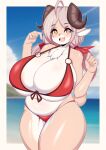  anthro areola areola_slip beach belly big_breasts big_butt bovid breasts butt caprine clothing female goat grey_hair hair hi_res horn huge_breasts huge_thighs hyper hyper_breasts mammal navel open_mouth pupils sand seaside slightly_chubby slightly_chubby_anthro slightly_chubby_female smile solo standing swimwear tailzkim teeth thick_thighs unusual_pupils water wide_hips yellow_eyes 