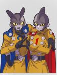  2boys arm_around_shoulder artist_name belt black_belt black_eyes black_gloves blue_cape buttons cape cheek_pinching closed_mouth colored_sclera colored_skin colored_tongue commentary_request double-breasted dragon_ball dragon_ball_super dragon_ball_super_super_hero energy_gun gamma_1 gamma_2 gloves grey_skin hand_up highres jacket long_sleeves looking_at_viewer male_focus mine1225 multiple_boys open_mouth pinching purple_tongue ray_gun red_cape red_ribbon_army simple_background smile teeth tongue twitter_username weapon white_background yellow_jacket yellow_sclera 