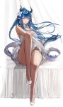  1girl absurdres arknights blue_eyes blue_hair breasts dress ganet_p groin highres large_breasts ling_(arknights) looking_at_viewer pointy_ears sitting solo strapless strapless_dress white_dress 