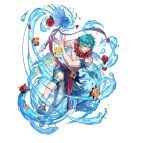  1boy axe blue_eyes blue_hair blue_sarong clownfish ephraim_(fire_emblem) ephraim_(summer)_(fire_emblem) fire_emblem fire_emblem:_the_sacred_stones fire_emblem_heroes fish flower_wreath holding holding_axe male_focus official_alternate_costume official_art p-nekor sandals sarong shorts water white_shorts 