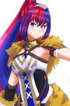  1girl absurdres alear_(female)_(fire_emblem) alear_(fire_emblem) blue_eyes blue_hair closed_mouth detached_sleeves fire_emblem fire_emblem_engage fur_trim hair_between_eyes heterochromia highres light_smile long_hair looking_at_viewer multicolored_hair official_alternate_costume red_eyes red_hair solo split-color_hair tiara to_(tototo_tk) two-tone_hair white_background 