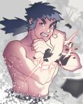  1boy abs belt black_hair blurry bright_pupils bruno_(pokemon) clenched_teeth commentary_request crossed_wrists floating_hair grey_eyes hands_up highres long_hair looking_at_viewer male_focus muscular muscular_male natonashi pants pokemon pokemon_(game) pokemon_frlg ponytail solo teeth topless_male 