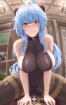  1girl absurdres aether_(genshin_impact) ahoge bannou_ippoutsukou bare_arms bare_shoulders black_leotard black_pantyhose blue_hair blush breasts closed_mouth covered_navel ganyu_(genshin_impact) genshin_impact girl_on_top goat_horns highres horns large_breasts leotard looking_at_viewer pantyhose pov purple_eyes sideboob solo solo_focus thighs 