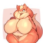  2023 :3 anthro anthrofied belly big_breasts biped black_nose border breasts brown_body brown_eyes brown_fur canid canine cheek_tuft colored countershade_face countershade_fur countershade_legs countershade_neck countershade_torso countershading digital_media_(artwork) dipstick_tail eeveelution eyelashes facial_tuft featureless_breasts featureless_crotch female female_anthro flareon front_view fur generation_1_pokemon glistening glistening_body glistening_breasts glistening_fur gloves_(marking) head_tuft hi_res huge_breasts huge_hips huge_thighs lightmizano looking_at_viewer mammal markings monotone_ears multi_tone_fur multicolored_body multicolored_fur multicolored_tail navel neck_tuft nintendo no_sclera nude obese obese_anthro obese_female one_eye_closed open_:3 open_mouth open_smile orange_ears orange_inner_ear orange_tail overweight overweight_anthro overweight_female pink_background pink_nose pokemon pokemon_(species) pokemorph portrait pupils shaded signature simple_background smile solo standing tail tail_markings thick_thighs three-quarter_portrait tuft two_tone_tail white_border white_pupils wide_hips wink yellow_body yellow_fur yellow_tail yellow_tail_tip 