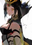  1girl bad_link bare_shoulders black_hair breasts hair_ornament highres jian_tai_(cuoyu0) large_breasts league_of_legends leblanc_(league_of_legends) looking_at_viewer makeup medium_breasts short_hair simple_background solo upper_body white_background yellow_eyes 