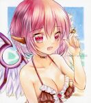  1girl animal_ears bikini bird_ears bird_wings blush breasts brown_bikini brown_choker brown_nails choker cleavage collarbone earrings fingernails hair_between_eyes jewelry large_breasts long_fingernails mystia_lorelei nail_polish nekofish666 open_mouth pink_eyes pink_hair sharp_fingernails short_hair single_earring smile solo swimsuit touhou twitter_username upper_body white_wings wings 