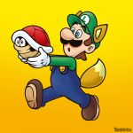  1boy animal_ears artist_name blue_eyes blue_overalls boots brown_footwear brown_hair elcajarito facial_hair fox_ears fox_tail full_body gloves gradient_background green_headwear green_shirt hat highres holding kitsune_luigi luigi mario_(series) mustache nakaue_shigehisa_(style) open_mouth overalls red_shell_(mario) shirt short_hair solo tail watermark white_gloves 