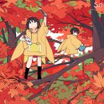  1boy 1girl artist_logo autumn autumn_leaves black_socks branch brown_hair bucket commentary english_commentary forest full_body holding holding_brush holding_bucket holding_palette hood hoodie kneehighs mimi_n nature no_mouth no_nose on_tree original palette_(object) patreon_username short_hair socks standing tree yellow_hoodie 