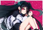  &lt;key&gt;_(blue_archive) 1girl black_hair blue_archive folded hair_between_eyes hairband halo holding irokohaku jacket long_hair looking_at_viewer necktie one_side_up red_eyes shirt simple_background sitting very_long_hair white_shirt 