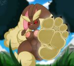 4_toes anthro breasts brown_body brown_fur electricsnowfox feet female foot_focus fur generation_4_pokemon genitals hi_res humanoid_feet lopunny low-angle_view nintendo nude outside plantigrade pokemon pokemon_(species) pussy soles solo toes worm&#039;s-eye_view 