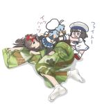  3girls ahoge amagi_(kancolle) black_hair blue_hair blue_skirt brown_eyes brown_hair daitou_(kancolle) defeat derivative_work dress ferret-san full_body green_kimono hair_ornament japanese_clothes kantai_collection kimono kuuro_kuro long_hair looking_at_viewer lying machinery mole mole_under_eye multiple_girls on_side pleated_skirt ponytail sado_(kancolle) sailor_dress school_uniform serafuku skirt solo tabi transparent_background white_dress white_headwear wide_sleeves 