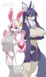  2girls animal_ear_fluff animal_ears animal_nose black_fur black_hair blush body_fur braid breasts brown_sweater brown_thighhighs claw_pose commission furry furry_female grey_sweater grey_thighhighs highres holding_own_arm large_breasts long_hair looking_at_viewer multicolored_hair multiple_girls original pink_fur pink_hair rabbit_ears ribbed_sweater side_braid sideboob skeb_commission smile snout streaked_hair sweater tail thighhighs very_long_hair white_background wolf_ears wolf_girl wolf_tail zakro 