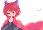  1girl absurdres bow cloak commentary_request donnon08 hair_bow highres long_sleeves looking_at_viewer purple_bow red_eyes red_hair sekibanki short_hair simple_background solo touhou upper_body white_background 