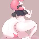 anthro breast_play breasts butt canid canine clothing epic_games female fortnite fox fur hair hi_res kimiko_(fortnite) looking_at_viewer looking_back mammal pink_hair solo white_body white_fur xaren1234 