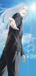  1boy absurdres black_pants black_sweater blue_sky cloud epsilon_(pluto) fujita_shigeru green_eyes highres long_hair long_sleeves looking_at_viewer official_art open_mouth outdoors pants pluto_(manga) reaching reaching_towards_viewer sky smile solo sun sweater white_hair 