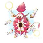  closed_eyes fingernails highres hoop hoopa hoopa_(unbound) horns monster no_humans open_mouth pink_hair pointy_footwear pokemon pokemon_(creature) reshiramu sharp_fingernails sharp_teeth solo tail teeth topknot white_background 