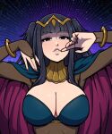  1girl akairiot black_hair blunt_bangs bodystocking bodysuit bracelet breasts bridal_gauntlets cape circlet cleavage english_commentary fire_emblem fire_emblem_awakening jewelry large_breasts long_hair looking_at_viewer skin_tight smile solo tharja_(fire_emblem) tiara two_side_up 