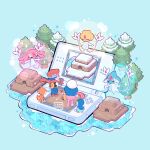  azelf chimchar dawn_(pokemon) handheld_game_console highres isometric lake leaphere lucas_(pokemon) mesprit nintendo_ds piplup poke_ball poke_ball_(basic) pokedex pokemon pokemon_(game) pokemon_dppt snow themed_object tree uxie 