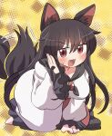  1girl afterimage animal_ear_fluff animal_ears blush brown_hair dress fang frilled_sleeves frills hair_between_eyes highres imaizumi_kagerou long_hair long_sleeves open_mouth red_dress red_eyes rokugou_daisuke signature solo tail tail_wagging touhou white_dress wolf_ears wolf_tail 