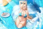  1girl absurdres arm_up asuna_(blue_archive) asymmetrical_bangs bikini blonde_hair blue_archive blue_bikini blue_eyes blue_halo blush bow bow_bikini breasts cleavage collarbone curvy elsynien eyewear_on_head food from_above hair_over_one_eye halo highres inflatable_raft large_breasts leaning_to_the_side long_hair looking_at_viewer mole mole_on_breast navel open_mouth pool skindentation smile sunglasses swimsuit thigh_strap tray tsurime very_long_hair wading water wide_hips 