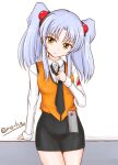  1girl artist_name black_necktie black_skirt blue_hair brown_eyes hair_bobbles hair_ornament highres hoshino_ruri kidou_senkan_nadesico long_hair looking_at_viewer loose_necktie miniskirt necktie orange_vest ru-ha shirt skirt smile solo thighs twintails vest white_shirt 