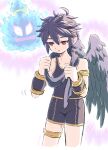  1boy 1girl :| ahoge angel angel_wings armlet bike_shorts black_hair blue_fire closed_mouth collarbone commentary_request cowboy_shot fire halo kid_icarus kid_icarus_uprising motion_lines nopepe pandora_(kid_icarus) pit_(kid_icarus) red_eyes standing tank_top wings 