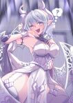  1girl breasts cleavage demimushi demon_girl demon_horns demon_wings dress duel_monster grey_eyes highres horns large_breasts leotard leotard_under_clothes looking_at_viewer lovely_labrynth_of_the_silver_castle low_wings multiple_wings pointy_ears smile solo thighhighs transparent_wings twintails white_hair white_horns wings yu-gi-oh! 