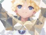  1boy blonde_hair fate/grand_order fate/requiem fate_(series) highres looking_up male_focus painterly pistachiohyeah scarf short_hair smile solo upper_body voyager_(fate) white_tunic yellow_scarf 