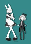  1boy 1girl alternate_costume animal_ears apron black_footwear black_pants blush bow button_eyes constricted_pupils full_body furry gloves hair_bow highres jax_(the_amazing_digital_circus) knkhnsan looking_at_another looking_down maid_apron pants rabbit_boy rabbit_ears ragatha_(the_amazing_digital_circus) simple_background standing suit sweatdrop the_amazing_digital_circus thighhighs vest 