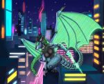  absurd_res anthro city cybernetics dragon female hi_res machine prometheuzone robotic scalie solo spread_wings wings 