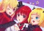  3girls arima_kana black_bow black_bowtie blonde_hair blue_eyes bob_cut bow bowtie capelet demon_horns dress fake_horns fang hat horns hoshino_ruby idol_clothes inverted_bob medium_hair memcho mini_hat multiple_girls murabitot no_pupils one_eye_closed open_mouth oshi_no_ko pink_eyes red_brooch red_capelet red_dress red_eyes red_hair star-shaped_pupils star_(symbol) star_in_eye symbol-shaped_pupils symbol_in_eye teeth upper_teeth_only 