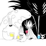  1girl 2boys :t alcohol arthropod_boy arthropod_girl beer beer_mug blank_eyes bug cherry cloak closed_mouth commentary_request cup drink drinking drinking_glass drinking_straw extra_eyes food fruit greyscale grimm_(hollow_knight) hand_up happy hollow_knight ice_cream ice_cream_float joni_(hollow_knight) looking_at_another monochrome monster moth mug multiple_boys open_mouth pale_king_(hollow_knight) radiance_(hollow_knight) sakana_2-gou sketch slug smile solid_circle_eyes spot_color unn_(hollow_knight) upper_body void_entity_(hollow_knight) wine wine_glass 