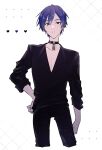  1boy arm_at_side black_pants black_shirt blue_eyes blue_hair choker hand_on_own_hip heart highres kaito_(vocaloid) long_sleeves looking_at_viewer male_focus pants parang_99 parted_lips shirt short_hair sleeves_past_elbows solo v-neck vocaloid 