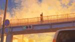  1other ambiguous_gender blue_sky cloud evening fjsmu highres instrument_case instrument_on_back original pedestrian_bridge road_sign scenery short_hair sign sky solo traffic_light 