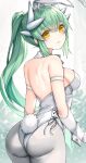  1girl alternate_costume animal_ears arm_strap ass backless_leotard bare_shoulders blush dragon_girl dragon_horns fake_animal_ears fake_tail fate/grand_order fate_(series) from_behind green_hair highres horns kiyohime_(fate) leotard long_hair looking_at_viewer looking_back morizono_shiki pantyhose playboy_bunny ponytail rabbit_ears rabbit_tail smile solo tail white_leotard white_pantyhose yellow_eyes 