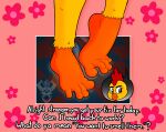  2023 4_toes anthro avian bird blush blush_lines chica_(fnaf) chicken dialogue embarrassed english_text feathers feet female five_nights_at_freddy&#039;s foot_fetish foot_focus foot_shot galliform gallus_(genus) hi_res humanoid_feet looking_away musk orange_feet phasianid plantigrade scottgames smelly smelly_feet solo text the_urge_within toes yellow_body yellow_feathers 