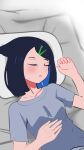  1girl bed black_hair blue_hair blush closed_eyes liko_(pokemon) lying multicolored_hair open_mouth pillow pokemon pokemon_(anime) pokemon_journeys sleeping solo 