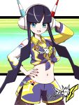  1girl :d absurdres black_hair blue_eyes blunt_bangs brown_pantyhose collared_shirt elesa_(pokemon) hand_up headphones highres multicolored_hair nail_polish navel open_mouth pantyhose pokemon pokemon_(game) pokemon_bw2 pokemon_swsh red_nails shabana_may shirt short_hair_with_long_locks shorts side_slit side_slit_shorts sidelocks smile solo streaked_hair tied_shirt tongue 