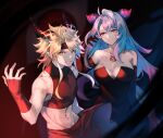  1boy 1girl bare_shoulders black_dress black_gloves blonde_hair blue_hair breasts chest_tattoo cleavage cosplay detached_sleeves dragalia_lost dragalinuka dragon_boy dragon_girl dragon_horns dress elbow_gloves envy_(fma) envy_(fma)_(cosplay) eyeball fullmetal_alchemist gloves green_eyes grin hair_pulled_back hand_up headband horns inoue_kikuko jupiter_(dragalia_lost) large_breasts long_hair looking_at_viewer lust_(fma) lust_(fma)_(cosplay) mature_female mercury_(dragalia_lost) midriff multicolored_hair navel open_mouth pink_hair pointy_ears red_eyes shirt short_hair simple_background skort smile takayama_minami tattoo voice_actor_connection 