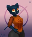  anthro clothed clothing domestic_cat felid feline felis female fully_clothed hi_res mae_borowski mammal night_in_the_woods pulling_shirt_down solo souley69 