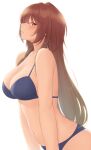  1girl aketa_mikoto alternate_hairstyle bikini black_bikini blush breasts brown_hair cleavage collarbone gradient_hair highres idolmaster idolmaster_shiny_colors kirou_(kiruyuu1210) large_breasts light_brown_hair looking_at_viewer multicolored_hair navel profile sideways_glance simple_background solo straight_hair swimsuit white_background 